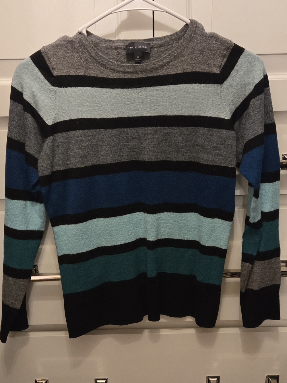 The Limited Women's Striped Crewneck Sweater - Gray, Teal & Blue